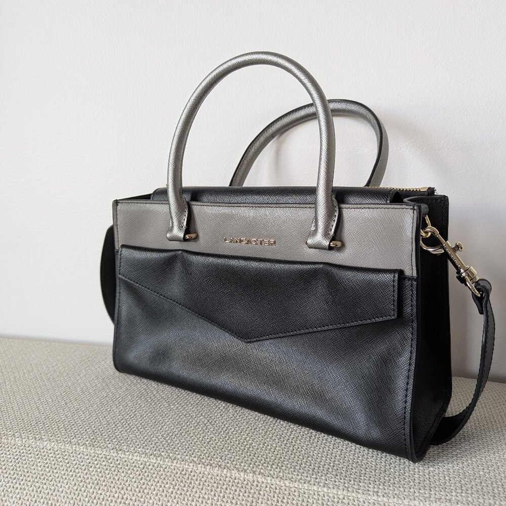 LANCASTER Paris Black & Grey Adeline Genuine Leather Bag with Shoulder Strap
